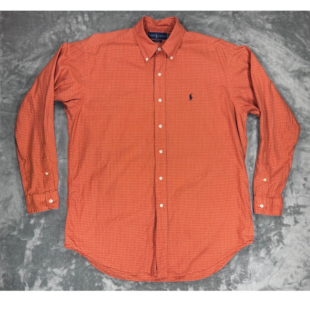 Ralph Lauren Blake Shirt Mens Medium Orange Blue Micro Check Cotton Button Down